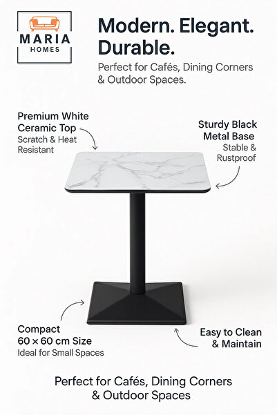 MARIA HOMES White Marble Square Dining Table – Modern Café, Restaurant, Office & Home Furniture Use 60×60 cm