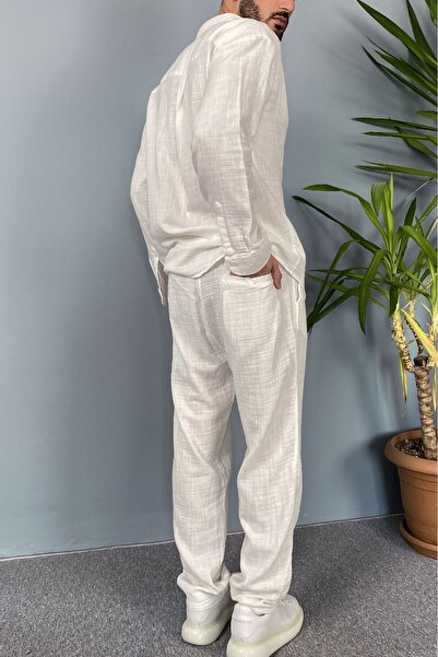 Alışveriş Sokağı Oversize Summer Ecru Muslin Fabric Shirt Trousers Double Set