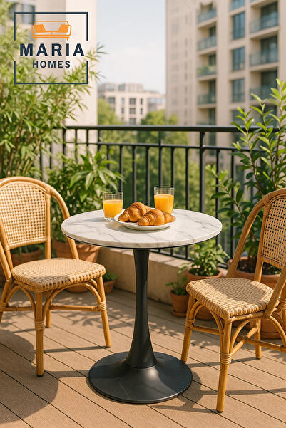 MARIA HOMES Round White Marble Dining Table – Modern Café, Restaurant, Office & Home Metal Furniture 70×70