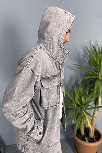 Alışveriş Sokağı Hooded Cargo Pocket Piece Gray Denim Jacket