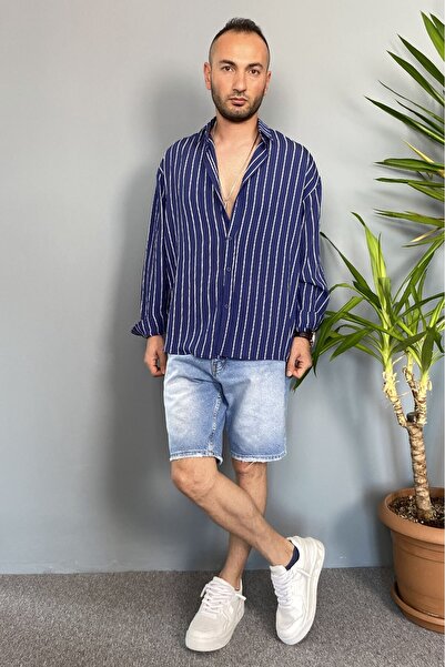 Alışveriş Sokağı Wrinkle Fabric Oversize Soft Textured Navy Blue Shirt