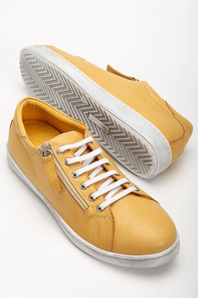 Hayalimdeki Ayakkabı Women's Yellow Genuine Leather Side Zipper Lace-Up Sneakers