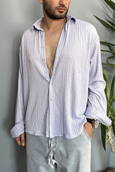 Alışveriş Sokağı Crinkle Fabric Oversized Soft Textured Blue Shirt