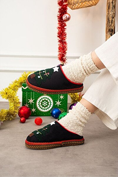 STOCON Noelia Black Christmas Tree Embossed Embroidered Silent Base Christmas Gift Slippers House Slippers Stc1189