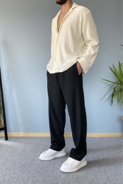 Alışveriş Sokağı Apaç Collar Long Sleeve Wrinkled Textured Oversize Beige Shirt