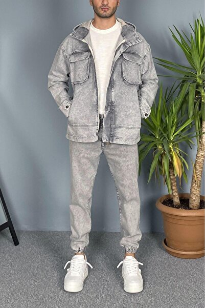 Alışveriş Sokağı Hooded Cargo Pocket Piece Gray Denim Jacket