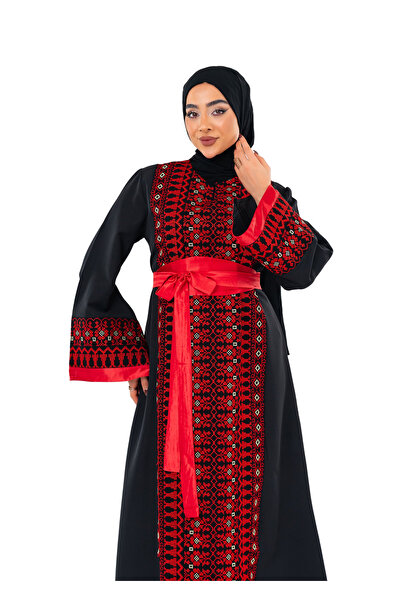 Zaytoon Women's Dress – Black Palestinian Embroidered Women's Dress with Satin Belt
