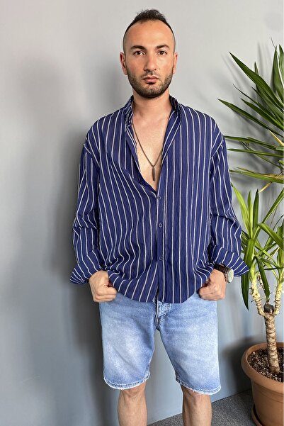 Alışveriş Sokağı Wrinkle Fabric Oversize Soft Textured Navy Blue Shirt