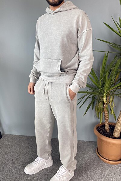 Alışveriş Sokağı Hooded Anthracite Double Tracksuit with Kangaroo Pocket