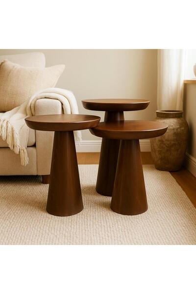 Nova Dizayn 3'Lü KOYU CEVİZ MANTAR SEHPA ZİGON (AHŞAP)
