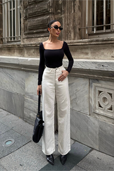 Fav Style Γυναικείο τζιν παντελόνι με ψηλόμεσο κρεμ