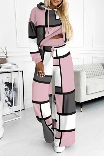 Mossta Hooded Patterned Two Thread Blouse Pants Double Suit - Pink
