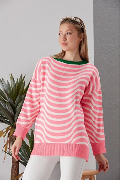 Alışveriş Sokağı guler rotund supradimensionat Pulover tricotat roz cu dungi ...