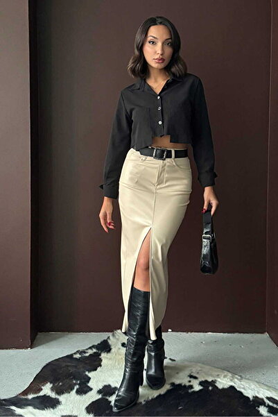 Lady Pixie Leather Slit Detailed Midi Skirt