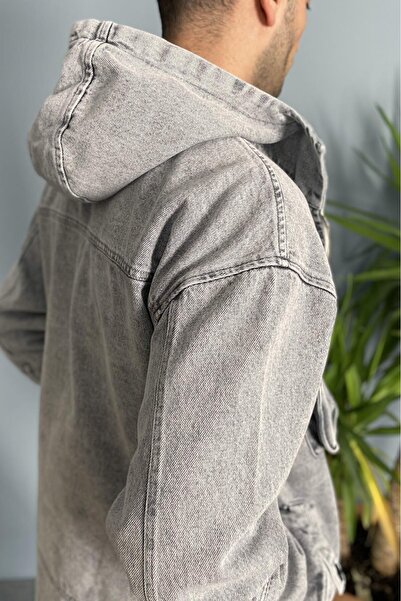 Alışveriş Sokağı Hooded Cargo Pocket Piece Gray Denim Jacket