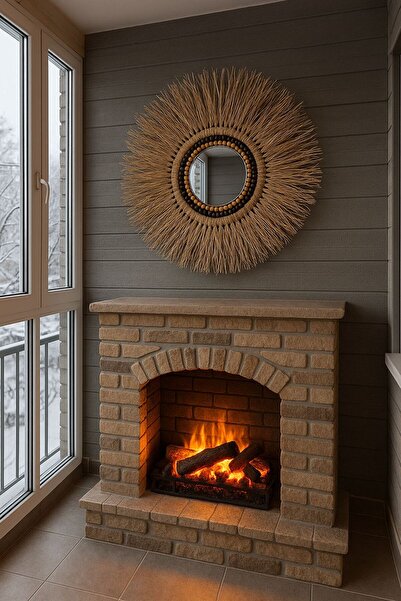 Home Bohem Handmade İki Renkli Ahşap Boncuklu Aynalı Tek Doğal Rafya Duvar Süsü