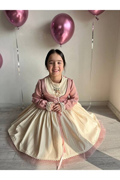 Sare Çocuk Giyim Girl's Premium Deluxe Powder Pink Lace-Up Vest Detailed Special Occasion Cosplay Dress + Buckle