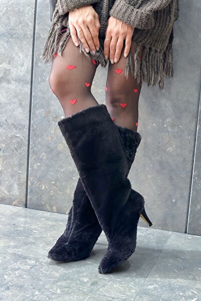 Shoebutik Yovana Black Plush Knee-High Women's Heeled Boots