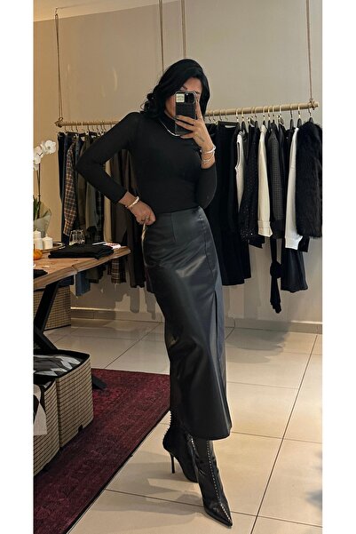 Krisbut Kadın Suni Deri Yırtmaçlı Etek