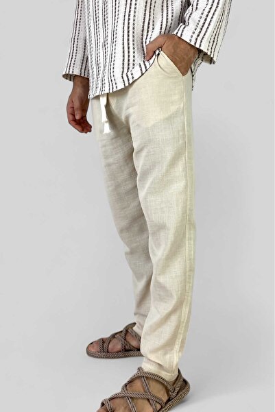 Alışveriş Sokağı Beige 100% Cotton Men's Linen Trousers