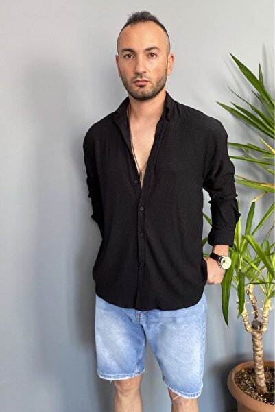 Alışveriş Sokağı Crinkle Fabric Oversized Soft Textured Blue Shirt