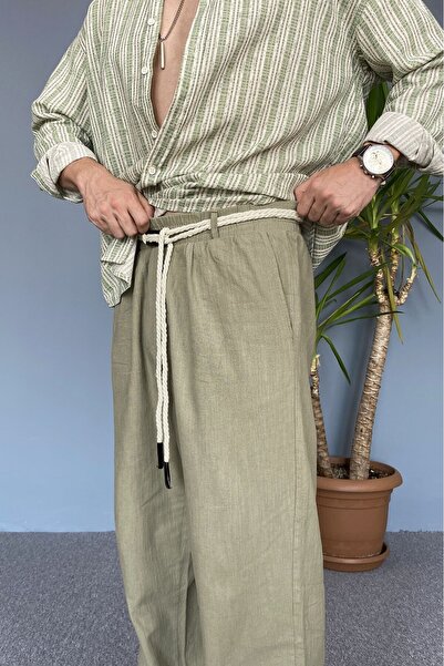 Alışveriş Sokağı Relaxed Fit Linen Fabric Lace-Up Cream Color Baggy Pants