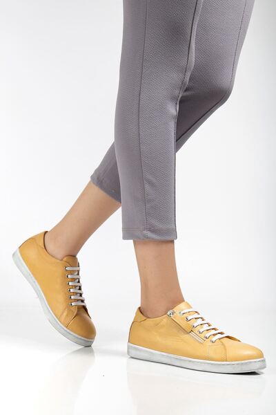Hayalimdeki Ayakkabı Women's Yellow Genuine Leather Side Zipper Lace-Up Sneakers