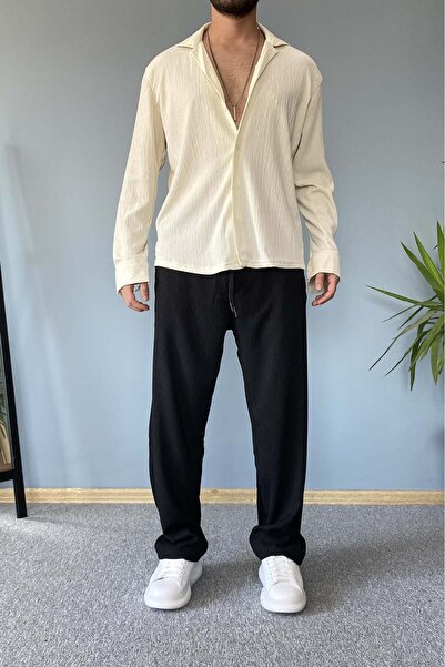 Alışveriş Sokağı Apaç Collar Long Sleeve Wrinkled Textured Oversize Beige Shirt