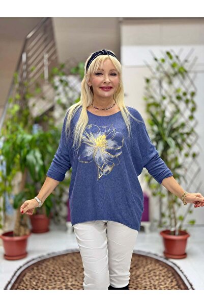 Punta Otantik YG3003 Λουλούδι με τύπωμα Ιταλική Πλεκτομηχανή Μπλούζα Μπλε