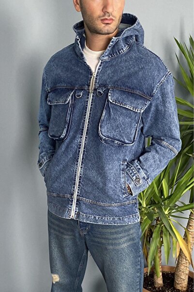 Alışveriş Sokağı Hooded Cargo Pocket Piece Gray Denim Jacket