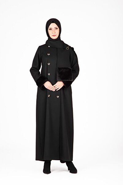 Beyza Atkılı ve Kürk Detaylı Siyah Kaban 9455