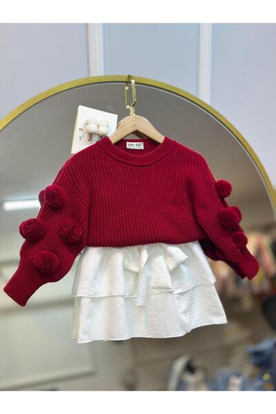 ArdenKids 2-8 Yaş Bordo Ponpon Kol Triko Kazak & Beyaz Etek Kombin (Toka Hedi...