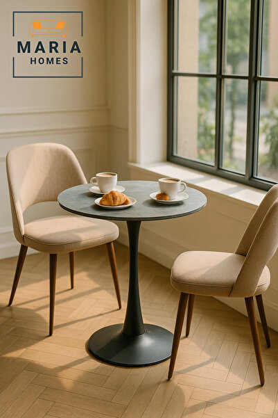 MARIA HOMES Round Grey Marble Dining Table – Modern Café, Restaurant, Office & Home Metal Furniture 70×70