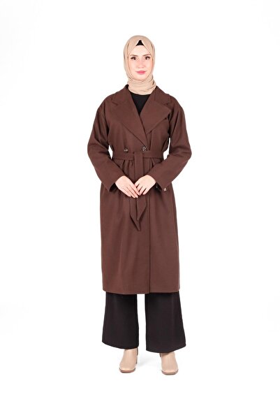 Beyza معطف بني بأزرار على الجهتين مع حزام 9483