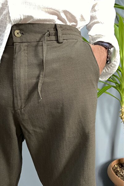 Alışveriş Sokağı Khaki Linen Shorts with Elastic Waist and Drawstring