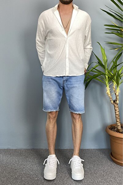 Alışveriş Sokağı Crinkle Fabric Oversized Soft Textured Blue Shirt