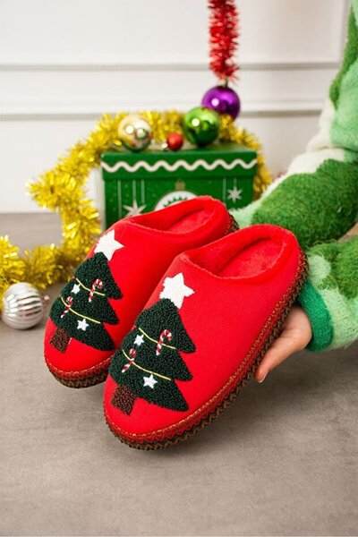 STOCON Noelia Red Christmas Tree Embossed Embroidered Silent Sole Christmas Gift Slippers House Slippers Stc1189
