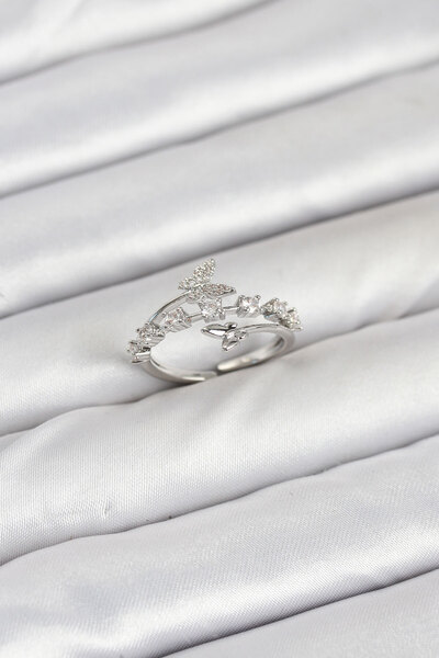 STİLLOVE خاتم نسائي نحاسي فضي اللون بحجر الزركون على شكل فراشة