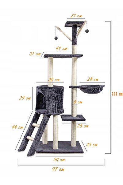 zola Cat play set, 6 levels, ladder, house, scratching post, toys, MDF/jute, 49x35x141 cm