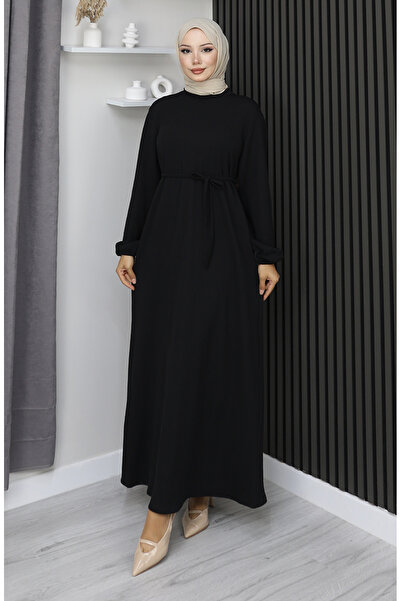 sefamerve Twisted Fabric Sleeve Elasticated Hijab Dress 2170-01 Black