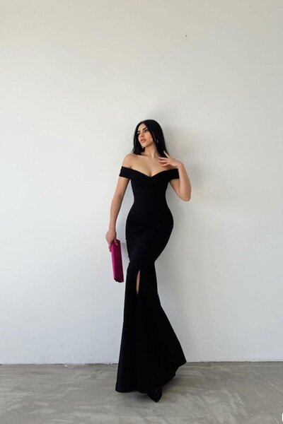 dk denemekabini فستان طويل نسائي من قماش الغوص بياقة قارب وتفاصيل منخفضة عند ...