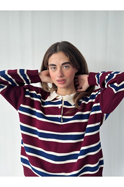 Retrobird Polo Neck Striped Knitwear Sweater Women Burgundy