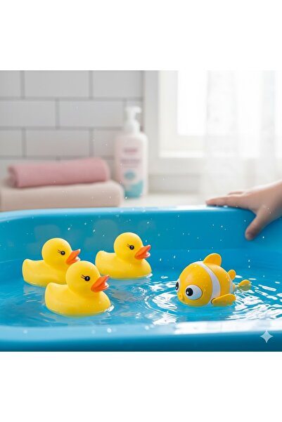 HerşeyVarBurda 4'lü Banyo Seti: 3'lü Sesli Sarı Ördek + Kurmalı Yüzen Balık Oyuncak Seti (Eğitici) Motor Becerileri