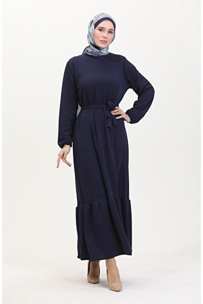 sefamerve Burgu Fabric Corded Fabric Ruffle Dress 2169-03 Navy Blue