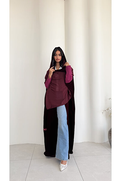 AYA MWT531 - Burgundy velvet abaya with stretch sleeves