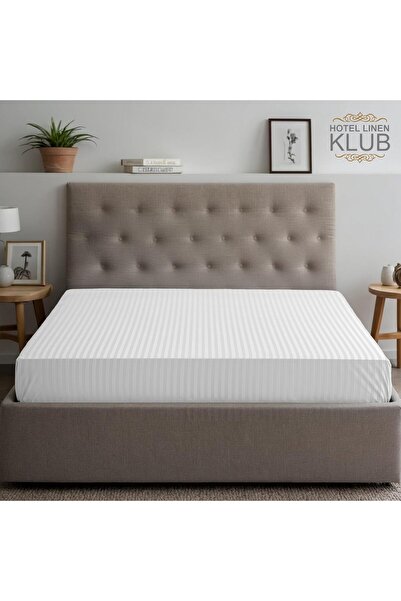 Hotel Linen Klub Fitted Queen Sheet - White Striped, 100% Cotton, 250 TC, 180×200+30 cm