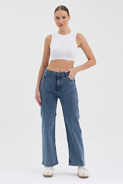 hateko Women's Hakan Jeans Flexible Wide Leg Stone Blue High Waist Denim Trousers