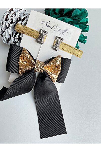 TrendCraft Siyah Kurdele Glitter Fiyonklu 3’lü Özel Tasarım Klipsli Toka Seti