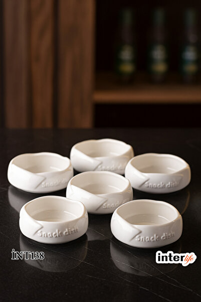 İnterlife 6lı Mini Porselen Sosluk Reçellik Sunumluk Yazılı 7 Cm Yuvarlak Por...