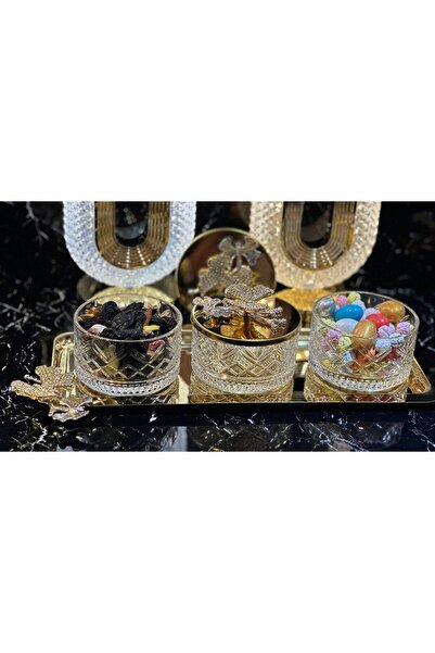 pırıltı home 3'LÜ TEPSİLİ GOLD TAŞLI DRAJELİK-LOKUMLUK-KAHVALTILIK-BAHARATLIK